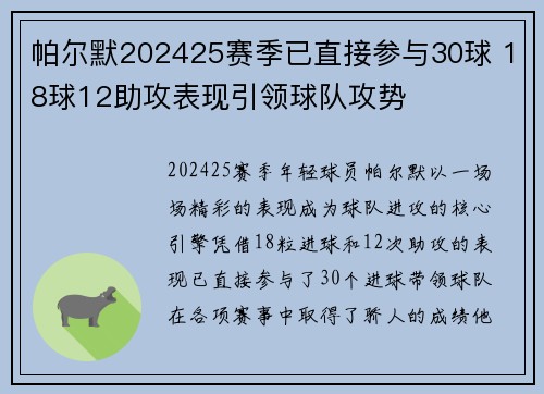 帕尔默202425赛季已直接参与30球 18球12助攻表现引领球队攻势