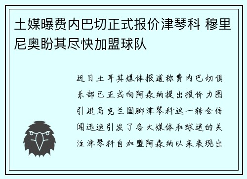 土媒曝费内巴切正式报价津琴科 穆里尼奥盼其尽快加盟球队
