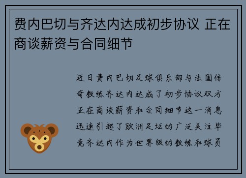 费内巴切与齐达内达成初步协议 正在商谈薪资与合同细节