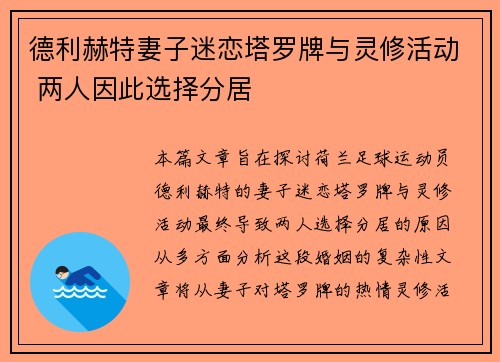 德利赫特妻子迷恋塔罗牌与灵修活动 两人因此选择分居